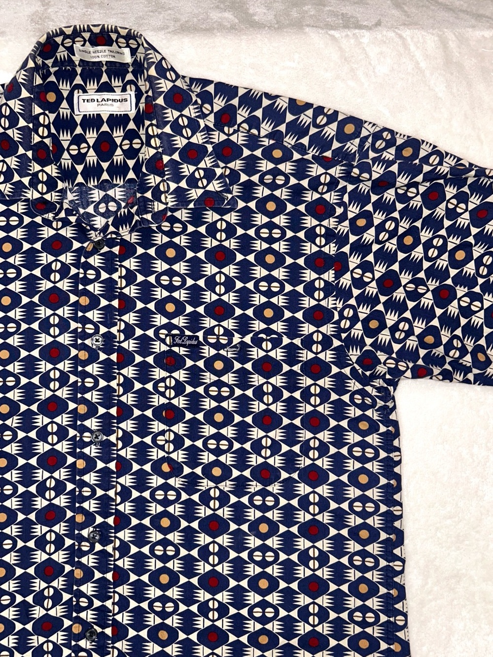 Ted Lapidus Paris shirt vintage men’s medium geometric print short sleeve blue